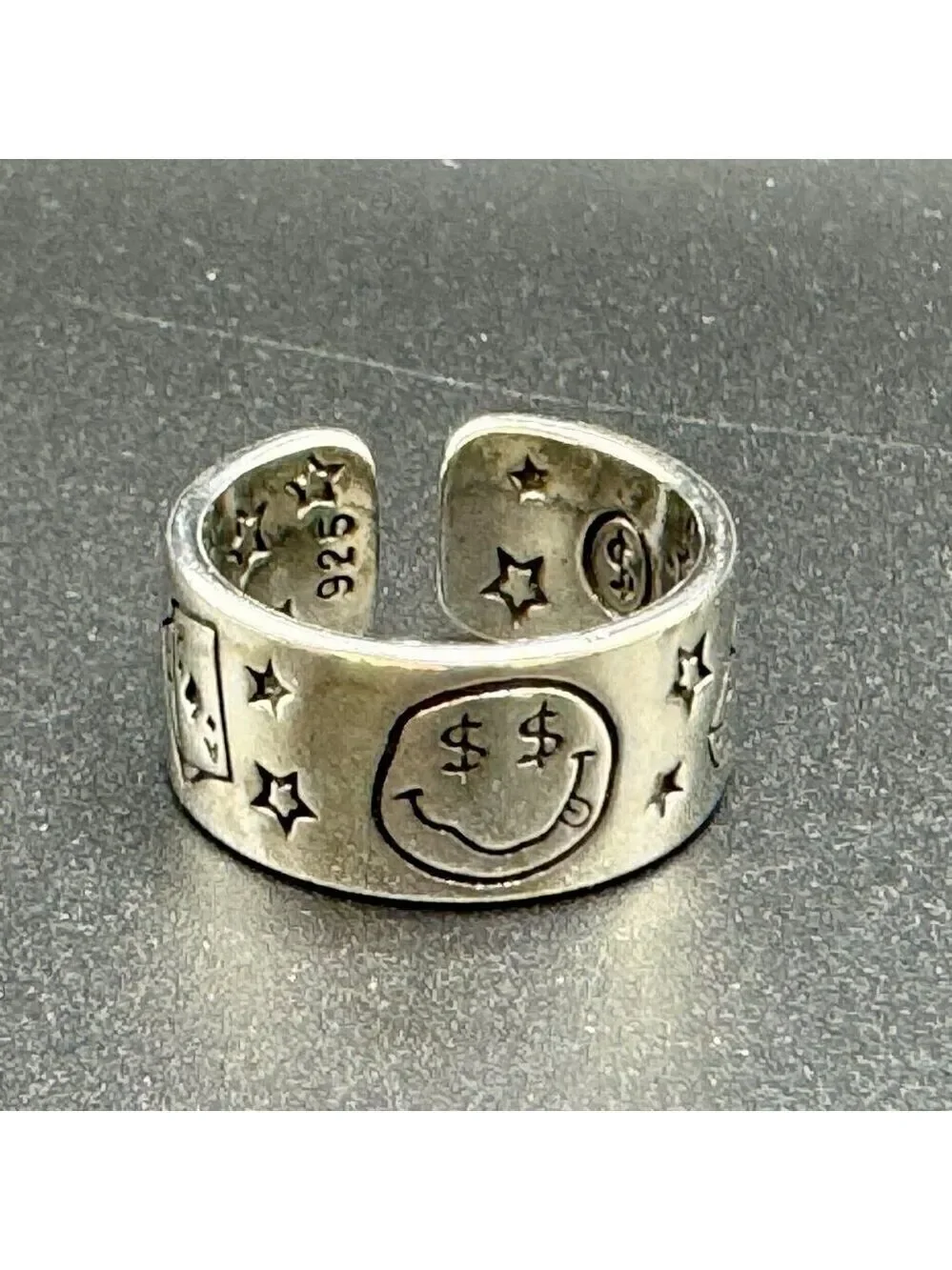 925 Sterling Smiley Happy Money Face Poker Boho Ring (Two Tone) #1381